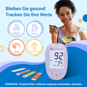 FORA 6 Connect  | All-in-One Gesundheits Messgerät für die Familie | Blutzucker, Keton, Cholesterin, Harnsäure, Hämoglobin, Hämatokrit Test | Bluetooth E-Tagebuch | Familienpflege | Lavendel Lila| Ohne Teststreifen