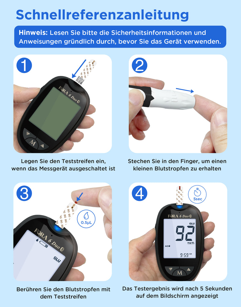 FORA 6 Duo Bluetooth | Blutzuckermessgerät mit 50 Blutzucker-Teststreifen