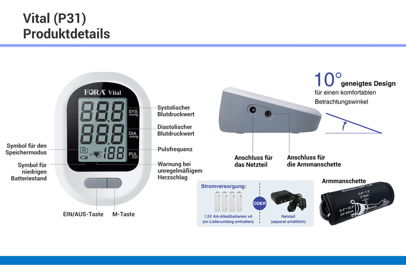 FORA® P31 Oberarm-Blutdruckmessgerät, unregelmäßige Rapid Beat Technologie, 24~43 cm Manschette