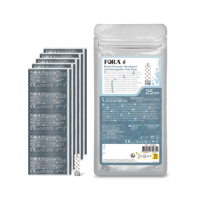 FORA 6 Connect Bluetooth | Blutzuckermessgerät mit 3-in-1 Teststreifen (Blutzucker, Hämoglobin & Hämatokrit) – 25 Stück