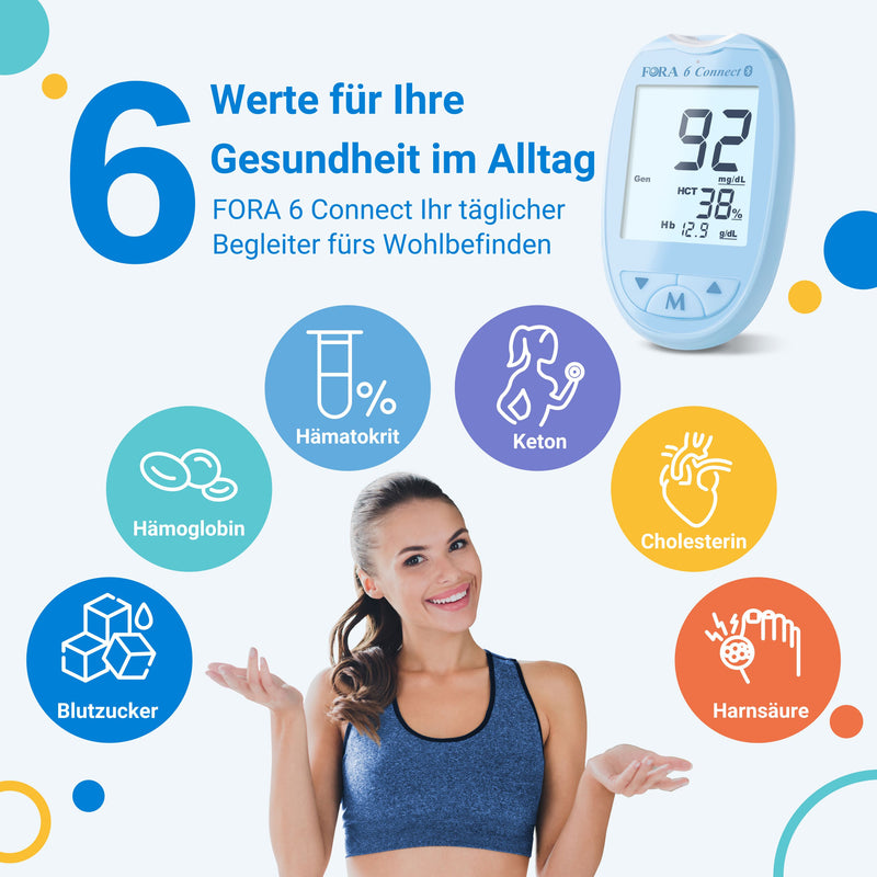 FORA 6 Connect | 4-in-1 Blutzucker-, Keton-, Cholesterin-, Harnsäure-Messgerät | Für die Selbstanwendung zu Hause | Bluetooth & App | Inkl. Teststreifen & Zubehör, Blau