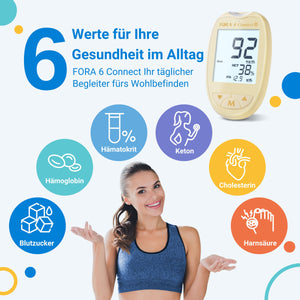 FORA 6 Connect | 4-in-1 Blutzucker-, Keton-, Cholesterin-, Harnsäure-Messgerät | Für die Selbstanwendung zu Hause | Bluetooth & App | Inkl. Teststreifen & Zubehör, Gelb