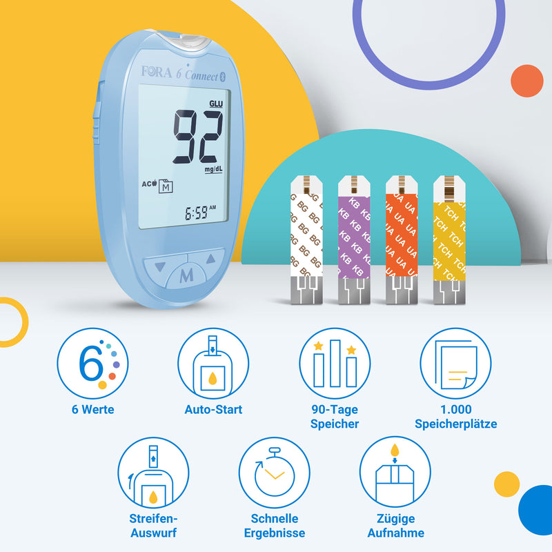 FORA 6 Connect | 4-in-1 Blutzucker-, Keton-, Cholesterin-, Harnsäure-Messgerät | Für die Selbstanwendung zu Hause | Bluetooth & App | Inkl. Teststreifen & Zubehör, Blau