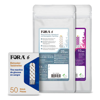 TRIPLE-PACK: FORA 6 Blutzucker-Teststreifen (BG) / 50 Stück + FORA 3-in-1-Teststreifen (BG, HCT, HB) / 25 Stück + FORA 6 β-Keton-Teststreifen (KB) / 10 Stück