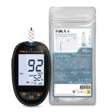 FORA 6 Connect Bluetooth | Blutzuckermessgerät mit 3-in-1 Teststreifen (Blutzucker, Hämoglobin & Hämatokrit) – 25 Stück