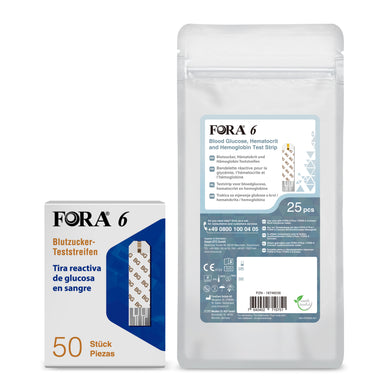 KOMBI-PACK: FORA 6 Blutzucker-Teststreifen (BG) / 50 Stück + FORA 3-in-1-Teststreifen (BG, HCT, HB) / 25 Stück