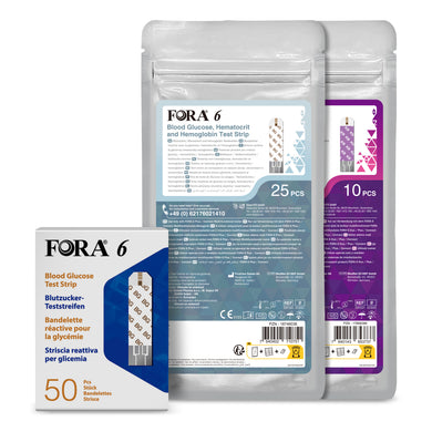 TRIPLE-PACK: FORA 6 Blutzucker-Teststreifen (BG) / 50 Stück + FORA 3-in-1-Teststreifen (BG, HCT, HB) / 25 Stück + FORA 6 β-Keton-Teststreifen (KB) / 10 Stück