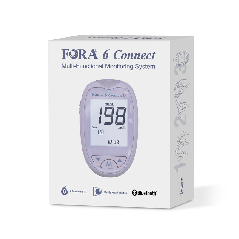 FORA 6 Connect | Ohne Teststreifen | All-in-One Gesundheits Messgerät für die Familie | Blutzucker, Keton, Cholesterin, Harnsäure, Hämoglobin, Hämatokrit Test | Bluetooth E-Tagebuch | Familienpflege | Lavendel Lila