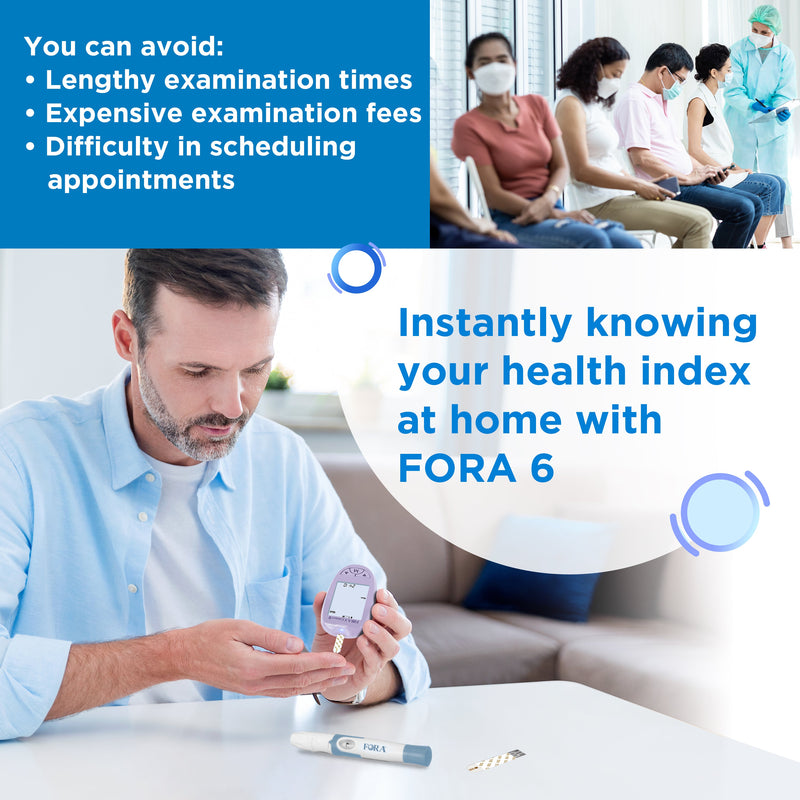 FORA 6 Connect | Ohne Teststreifen | All-in-One Gesundheits Messgerät für die Familie | Blutzucker, Keton, Cholesterin, Harnsäure, Hämoglobin, Hämatokrit Test | Bluetooth E-Tagebuch | Familienpflege | Lavendel Lila