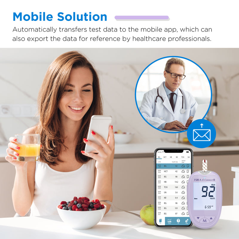 FORA 6 Connect | All-in-One Gesundheits Messgerät für die Familie | Blutzucker, Keton, Cholesterin, Harnsäure, Hämoglobin, Hämatokrit Test | Bluetooth E-Tagebuch | Familienpflege | Lavendel Lila