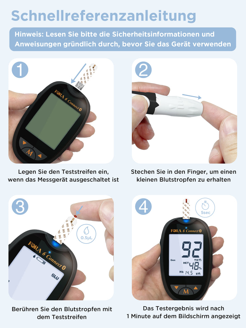 FORA 6 Connect 6 in 1 blutzuckermessgeräte Bluetooth, Blutzucker-, Hämatokrit- und Hämoglobin-Teststreifen (3-in-1: BG, HCT, HB) / 25 Stück
