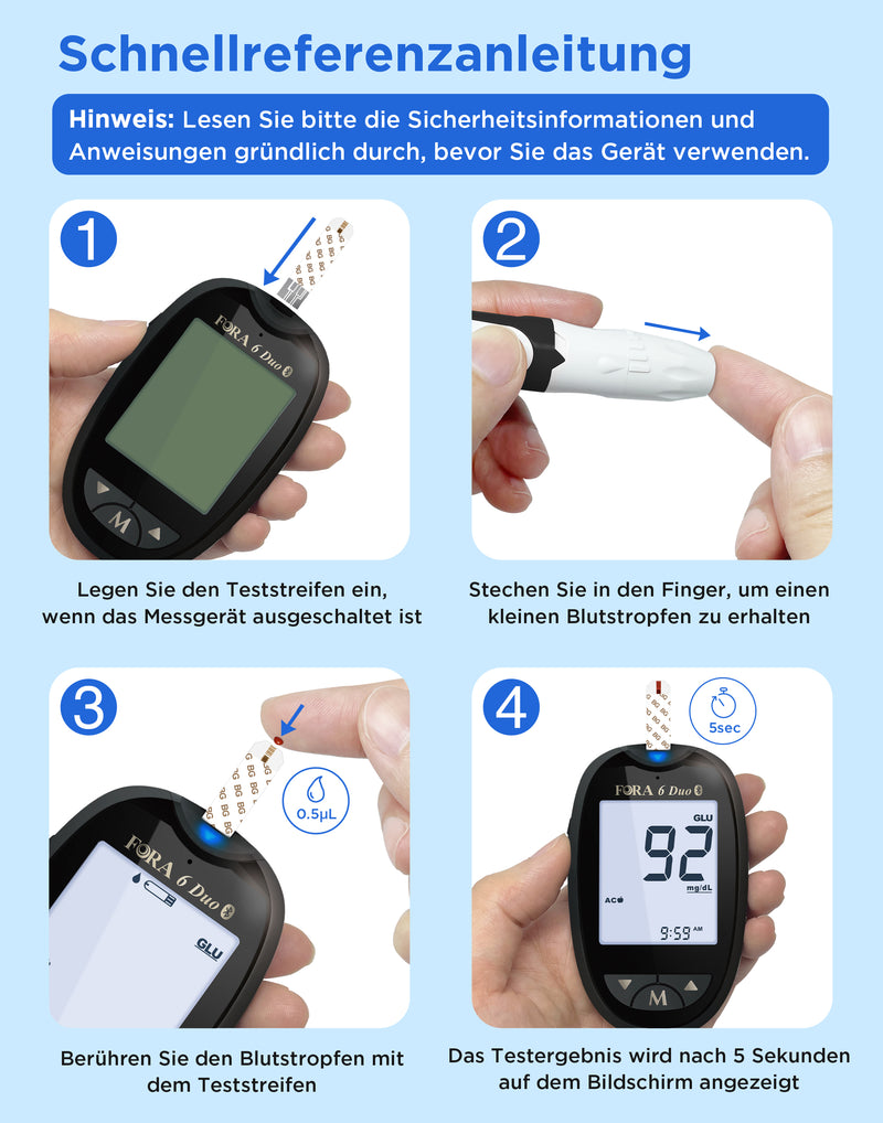 FORA 6 Duo Bluetooth, blutzuckermessgeräte mit 50 Blutzucker Teststreifen