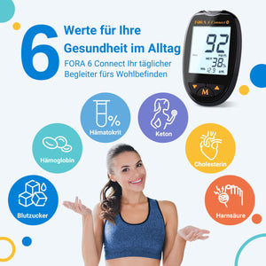 FORA 6 Connect | 4-in-1 Blutzucker-, Keton-, Cholesterin-, Harnsäure-Messgerät | Für die Selbstanwendung zu Hause | Bluetooth & App | Inkl. Teststreifen & Zubehör, Klassisches Schwarz