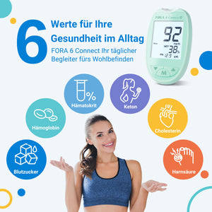 FORA 6 Connect | 4-in-1 Blutzucker-, Keton-, Cholesterin-, Harnsäure-Messgerät | Für die Selbstanwendung zu Hause | Bluetooth & App | Inkl. Teststreifen & Zubehör, Grün