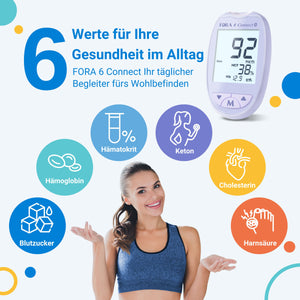 FORA 6 Connect | 4-in-1 Blutzucker-, Keton-, Cholesterin-, Harnsäure-Messgerät | Für die Selbstanwendung zu Hause | Bluetooth & App | Inkl. Teststreifen & Zubehör, Lavendel Lila