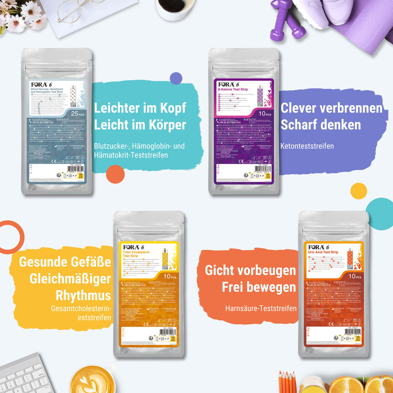 FORA 6 Connect | 4-in-1 Blutzucker-, Keton-, Cholesterin-, Harnsäure-Messgerät | Für die Selbstanwendung zu Hause | Bluetooth & App | Inkl. Teststreifen & Zubehör, Lavendel Lila