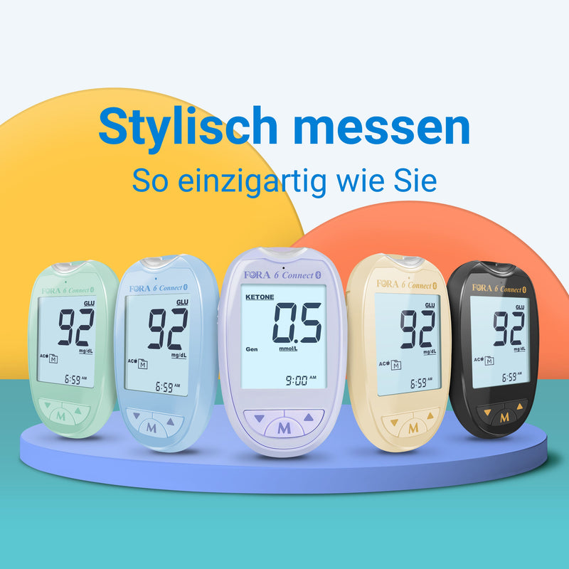 FORA 6 Connect | 4-in-1 Blutzucker-, Keton-, Cholesterin-, Harnsäure-Messgerät | Für die Selbstanwendung zu Hause | Bluetooth & App | Inkl. Teststreifen & Zubehör, Lavendel Lila