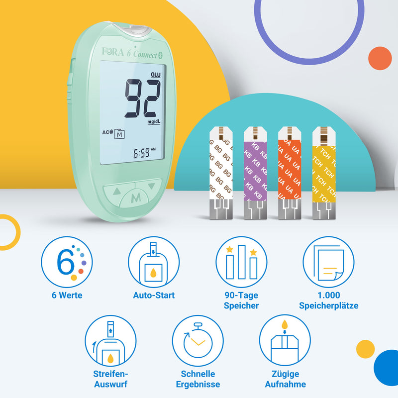 FORA 6 Connect | 4-in-1 Blutzucker-, Keton-, Cholesterin-, Harnsäure-Messgerät | Für die Selbstanwendung zu Hause | Bluetooth & App | Inkl. Teststreifen & Zubehör, Grün