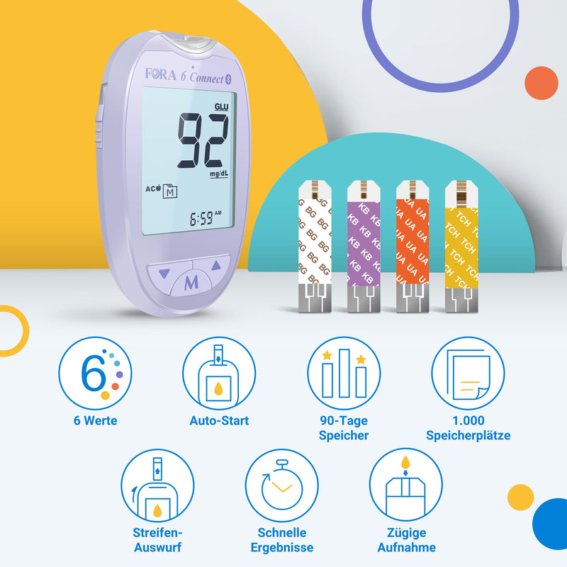 FORA 6 Connect | 4-in-1 Blutzucker-, Keton-, Cholesterin-, Harnsäure-Messgerät | Für die Selbstanwendung zu Hause | Bluetooth & App | Inkl. Teststreifen & Zubehör, Lavendel Lila