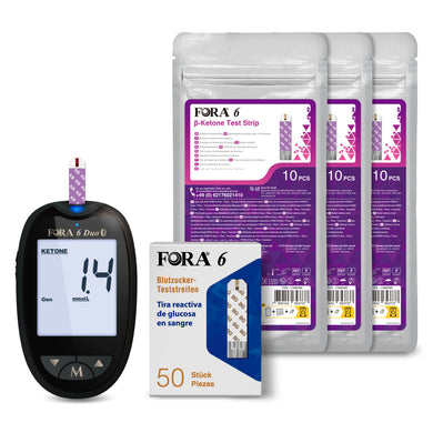 FORA 6 Duo blutzuker keto messgerät (mg/dL) mit 50 blutzuker Teststreifen, 30 Keton Teststreifen
