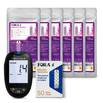 FORA 6 Duo blutzuker keto messgerät (mg/dL) mit 50 blutzuker Teststreifen, 60 Keton Teststreifen