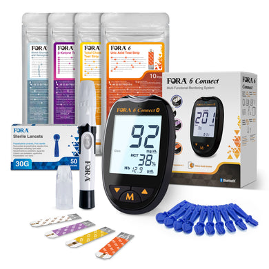 FORA 6 Connect | 4-in-1 Blutzucker-, Keton-, Cholesterin-, Harnsäure-Messgerät | Für die Selbstanwendung zu Hause | Bluetooth & App | Inkl. Teststreifen & Zubehör, Klassisches Schwarz