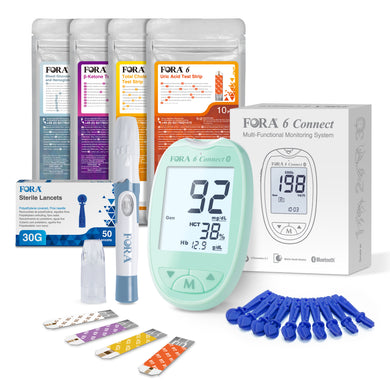 FORA 6 Connect | 4-in-1 Blutzucker-, Keton-, Cholesterin-, Harnsäure-Messgerät | Für die Selbstanwendung zu Hause | Bluetooth & App | Inkl. Teststreifen & Zubehör, Grün