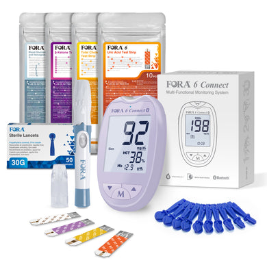FORA 6 Connect | 4-in-1 Blutzucker-, Keton-, Cholesterin-, Harnsäure-Messgerät | Für die Selbstanwendung zu Hause | Bluetooth & App | Inkl. Teststreifen & Zubehör, Lavendel Lila