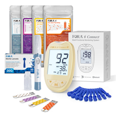 FORA 6 Connect | 4-in-1 Blutzucker-, Keton-, Cholesterin-, Harnsäure-Messgerät | Für die Selbstanwendung zu Hause | Bluetooth & App | Inkl. Teststreifen & Zubehör, Gelb