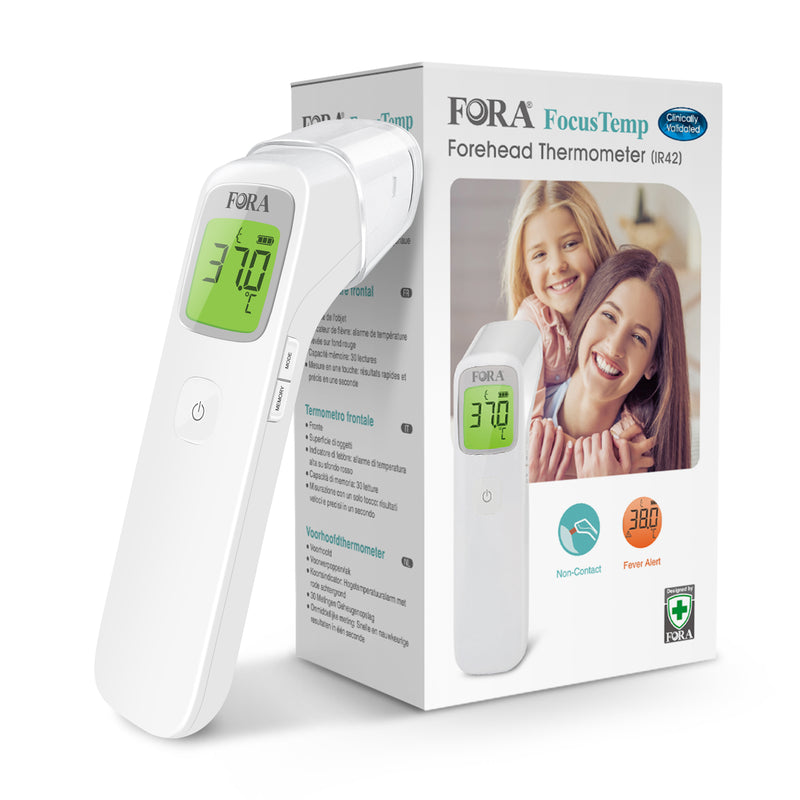FORA IR42 medizinisches Fieberthermometer für die Stirn, berührungslos, klinisch getestet, LCD-Bildschirm, unkomplizierte Messung auch für Babys und Kinder, weiß